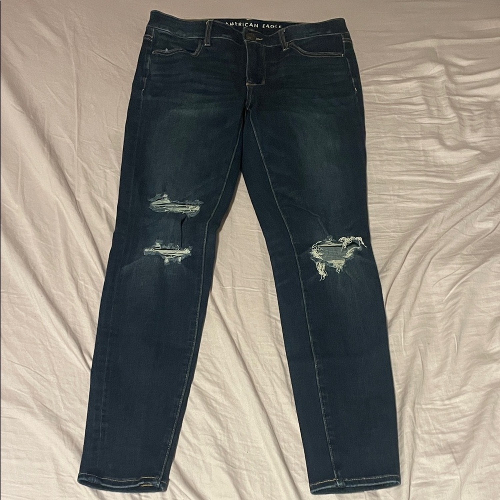 American Eagle Outfitters Women's Dark Blue Distressed Skinny Jeans